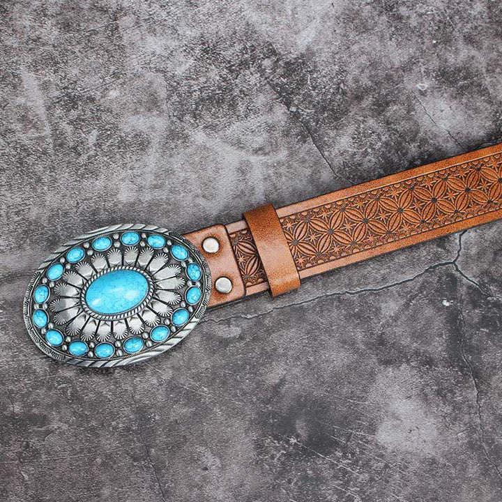 Men's Vintage Bohemia Turquoise Stone Leather Belt - image 1