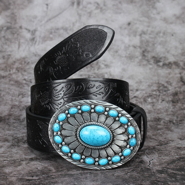Men's Vintage Bohemia Turquoise Stone Leather Belt - Style #2 - 42 - image 3