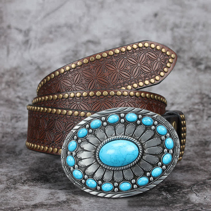 Men's Vintage Bohemia Turquoise Stone Leather Belt - Style #3 - 42 - image 8
