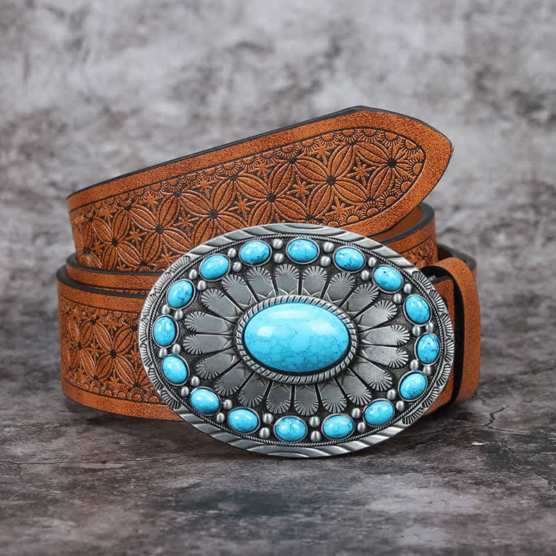 Men's Vintage Bohemia Turquoise Stone Leather Belt - Style #1 - 42 - image 0