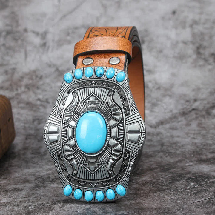 Men's Vintage Bohemia Turquoise Stone Leather Belt - Style #4 - 42 - image 11