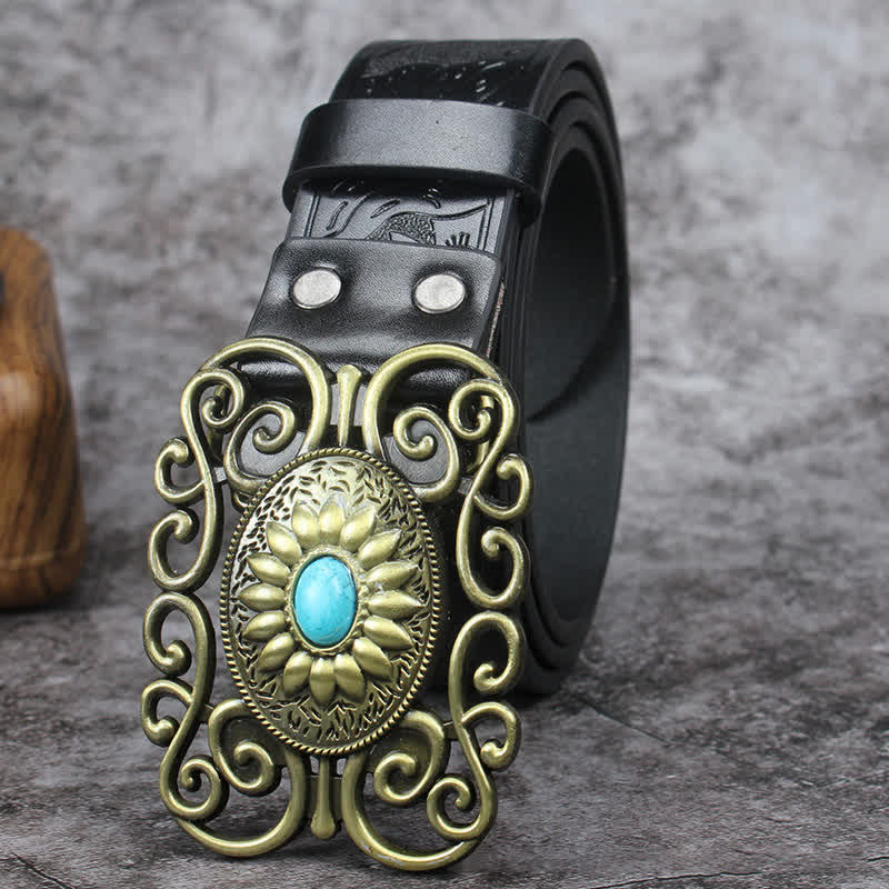 Men's Hollow Out Buckle Turquoise Inlaid Leather Belt - image 7
