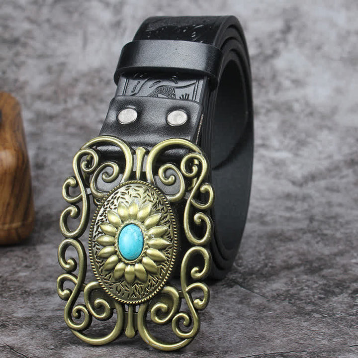 Men's Hollow Out Buckle Turquoise Inlaid Leather Belt - image 7