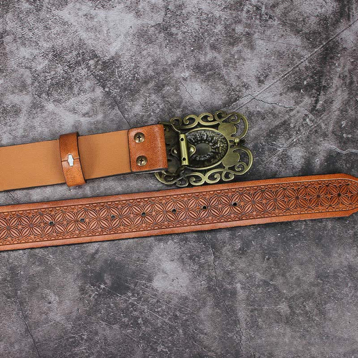 Men's Hollow Out Buckle Turquoise Inlaid Leather Belt - image 13