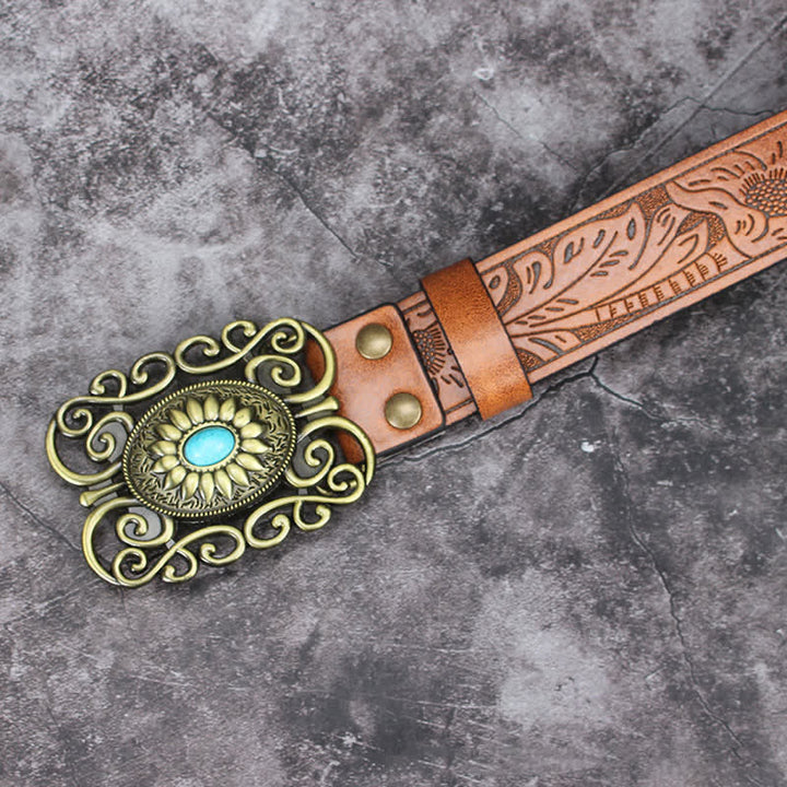 Men's Hollow Out Buckle Turquoise Inlaid Leather Belt - image 15