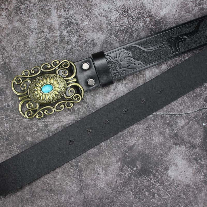 Men's Hollow Out Buckle Turquoise Inlaid Leather Belt - image 8