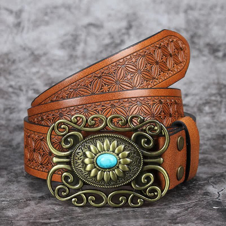 Men's Hollow Out Buckle Turquoise Inlaid Leather Belt - Style #3 - 42 - image 9
