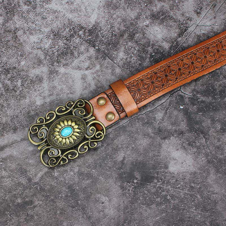 Men's Hollow Out Buckle Turquoise Inlaid Leather Belt - image 12