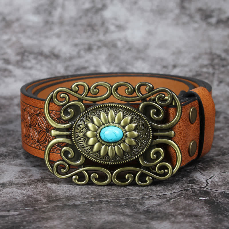 Men's Hollow Out Buckle Turquoise Inlaid Leather Belt - image 11