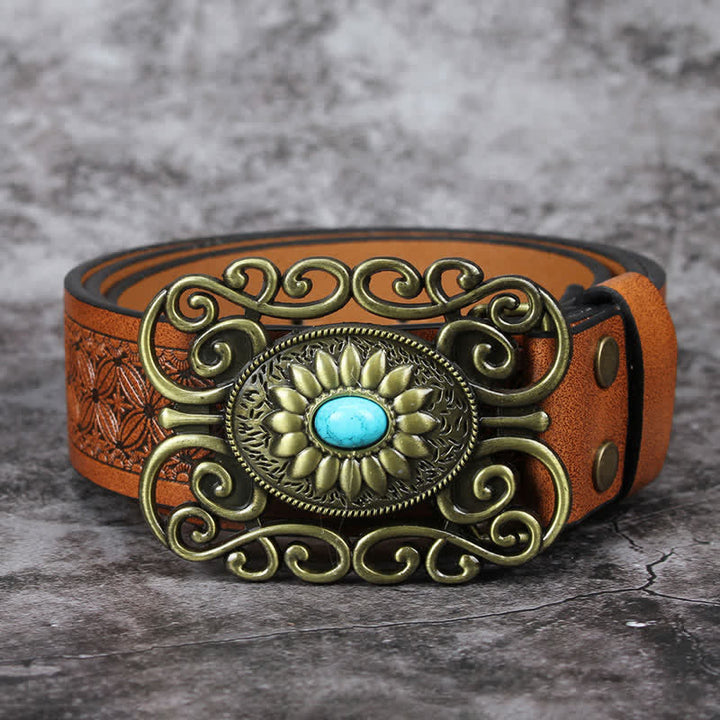 Men's Hollow Out Buckle Turquoise Inlaid Leather Belt - image 11