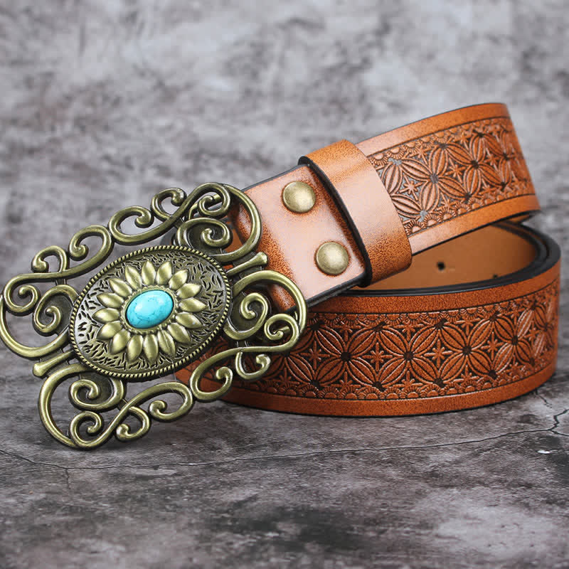 Men's Hollow Out Buckle Turquoise Inlaid Leather Belt - image 10
