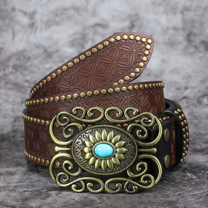 Men's Hollow Out Buckle Turquoise Inlaid Leather Belt - Style #1 - 42 - image 0