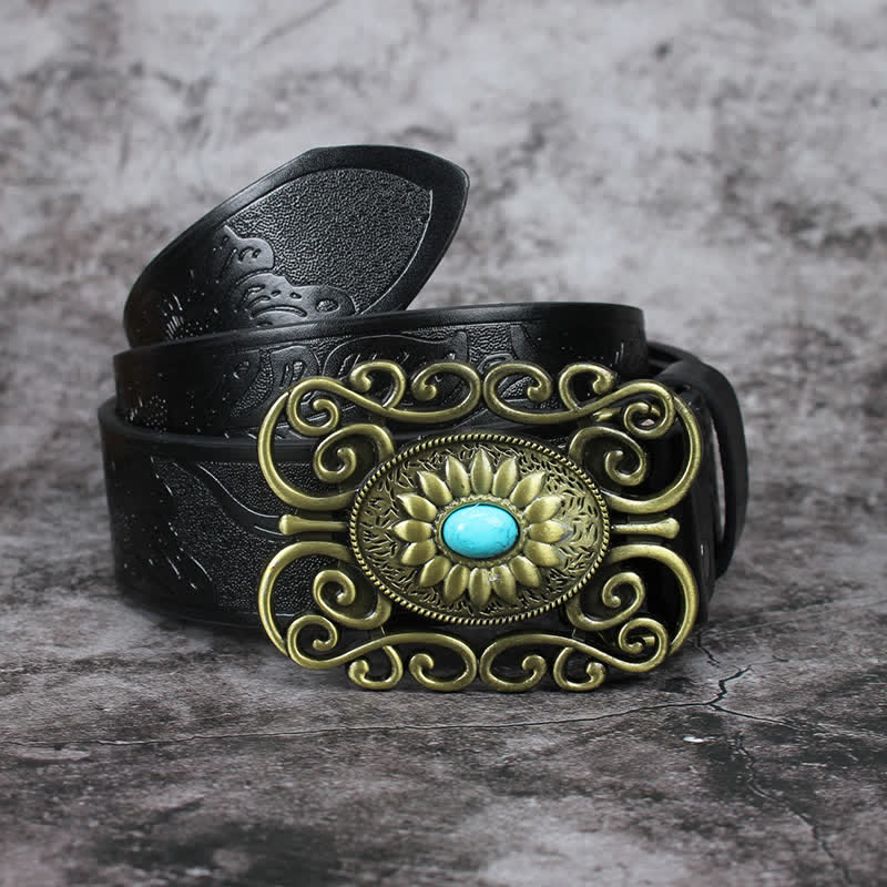 Men's Hollow Out Buckle Turquoise Inlaid Leather Belt - Style #2 - 42 - image 4