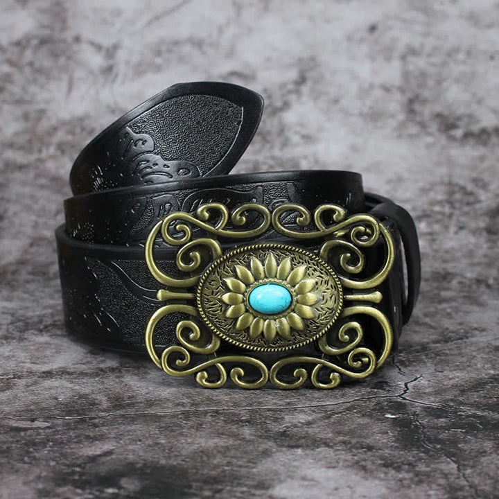 Men's Hollow Out Buckle Turquoise Inlaid Leather Belt - Style #2 - 42 - image 4