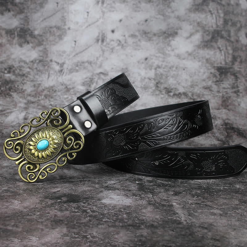 Men's Hollow Out Buckle Turquoise Inlaid Leather Belt - image 6