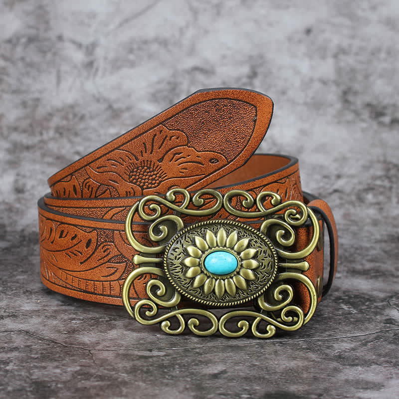 Men's Hollow Out Buckle Turquoise Inlaid Leather Belt - Style #4 - 42 - image 14