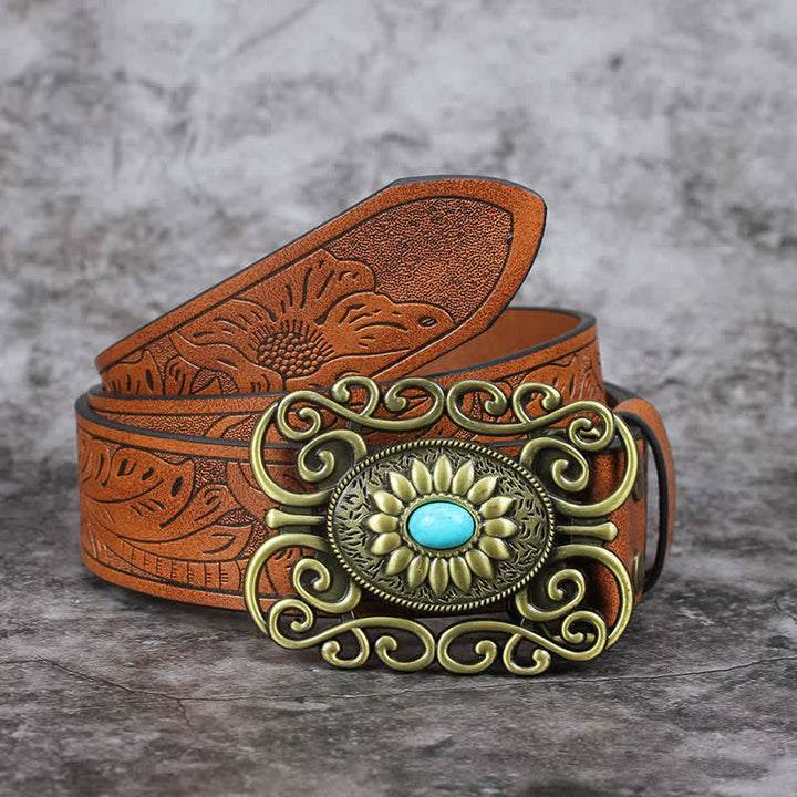 Men's Hollow Out Buckle Turquoise Inlaid Leather Belt - Style #4 - 42 - image 14