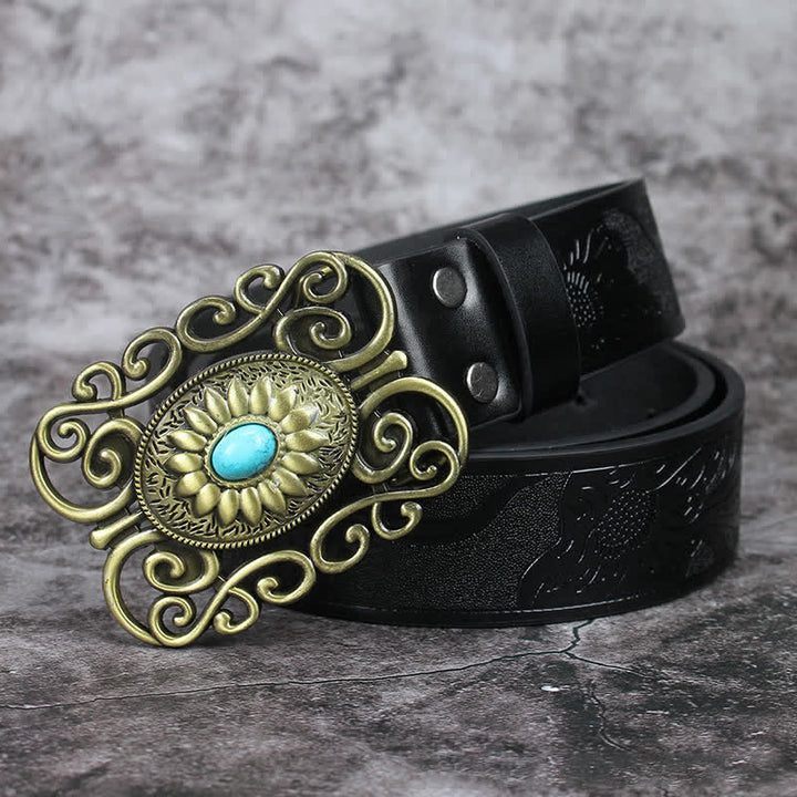 Men's Hollow Out Buckle Turquoise Inlaid Leather Belt - image 5