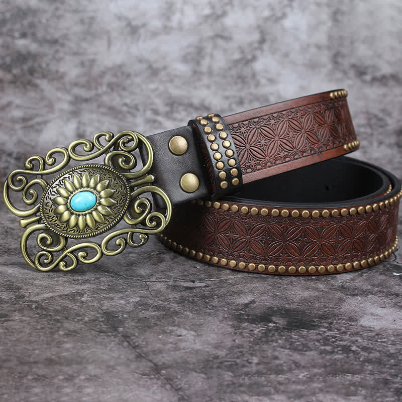 Men's Hollow Out Buckle Turquoise Inlaid Leather Belt - image 1