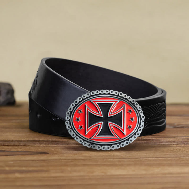 Men's DIY Religion Cross Motorcycle Buckle Leather Belt - Red - Black Embossed Eagle Belt (38) - image 16