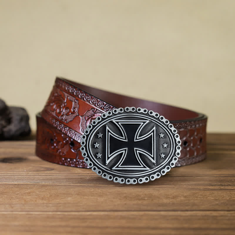Men's DIY Religion Cross Motorcycle Buckle Leather Belt - Gray - Brown Carved Belt (40) - image 9