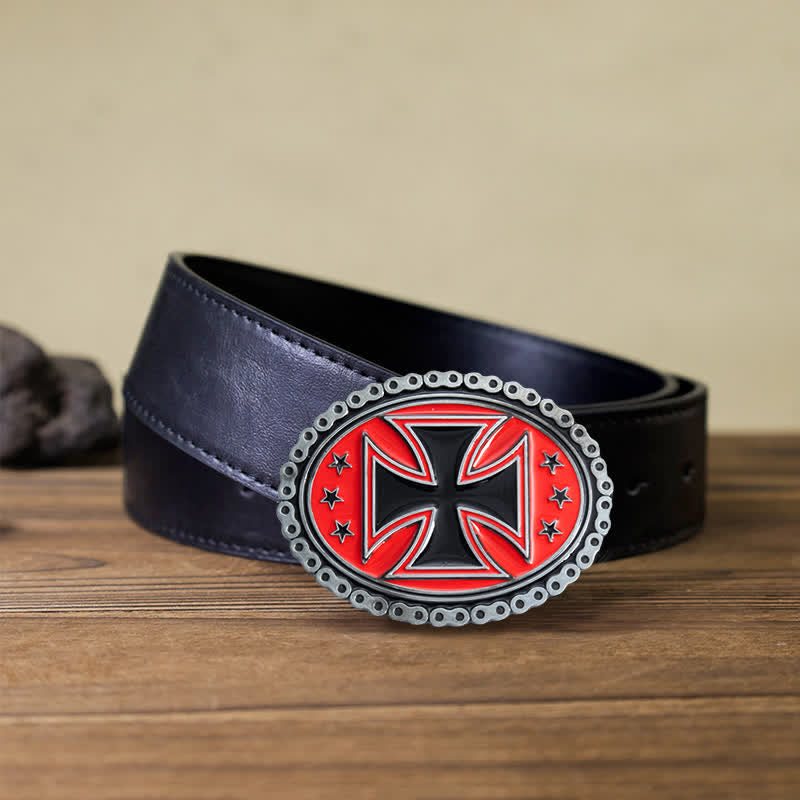 Men's DIY Religion Cross Motorcycle Buckle Leather Belt - Red - Black PU Belt (40) - image 15
