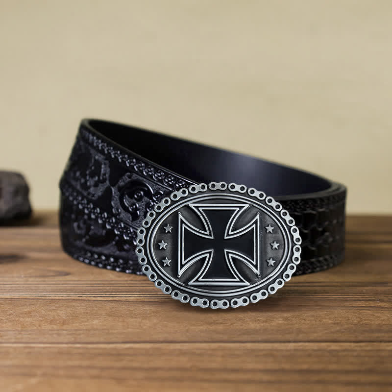 Men's DIY Religion Cross Motorcycle Buckle Leather Belt - Gray - Black Carved Belt (40) - image 8