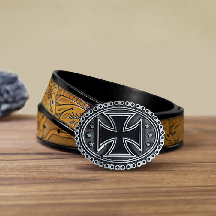 Men's DIY Religion Cross Motorcycle Buckle Leather Belt - Gray - SandyBrown Belt (40) - image 10