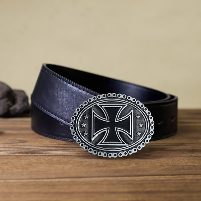 Men's DIY Religion Cross Motorcycle Buckle Leather Belt - Gray - Black PU Belt (40) - image 5
