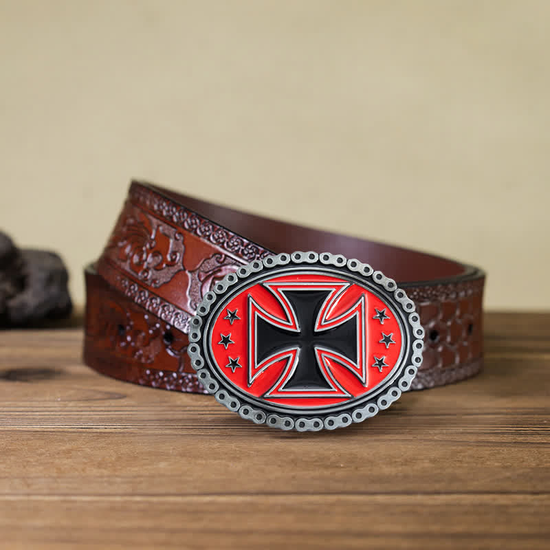 Men's DIY Religion Cross Motorcycle Buckle Leather Belt - Red - Brown Carved Belt (40) - image 19