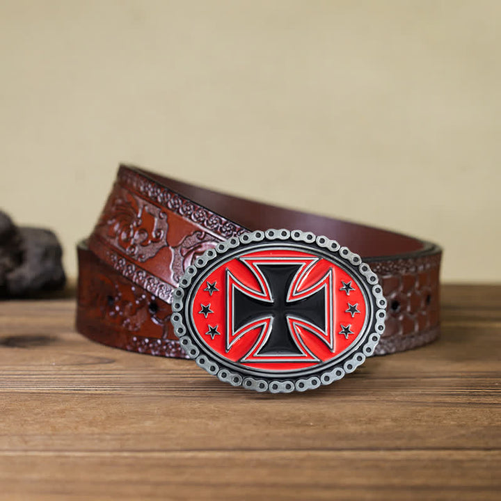 Men's DIY Religion Cross Motorcycle Buckle Leather Belt - Red - Brown Carved Belt (40) - image 19