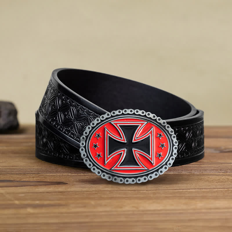Men's DIY Religion Cross Motorcycle Buckle Leather Belt - Red - Black Embossed Weave Belt (38) - image 17