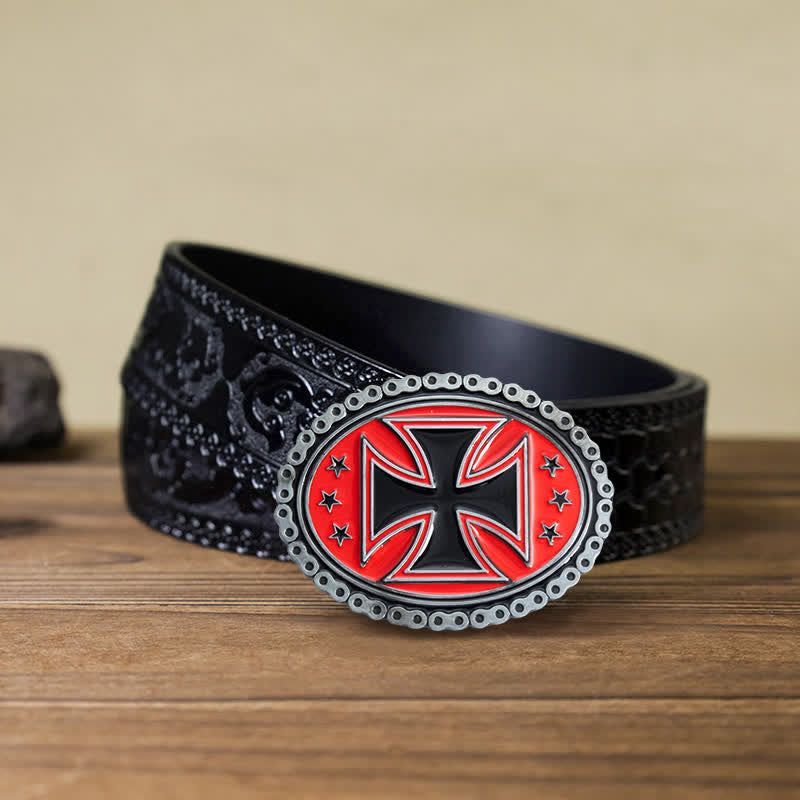 Men's DIY Religion Cross Motorcycle Buckle Leather Belt - Red - Black Carved Belt (40) - image 18