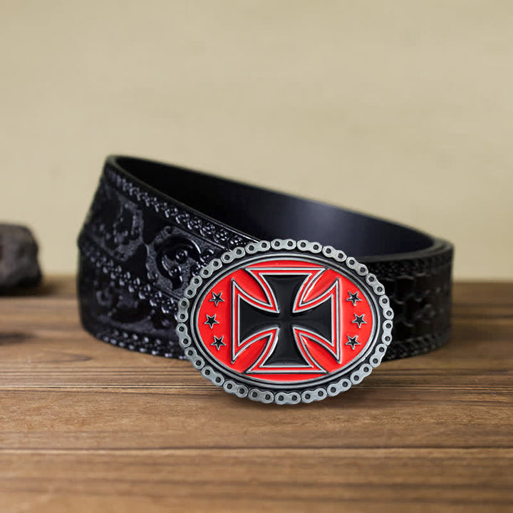 Men's DIY Religion Cross Motorcycle Buckle Leather Belt - Red - Black Carved Belt (40) - image 18