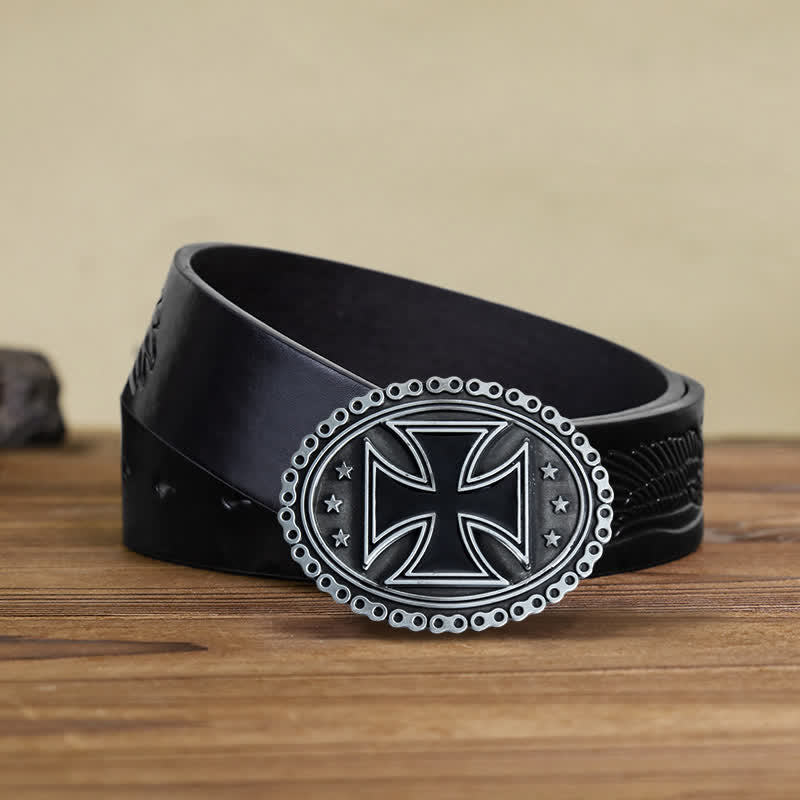 Men's DIY Religion Cross Motorcycle Buckle Leather Belt - Gray - Black Embossed Eagle Belt (38) - image 6