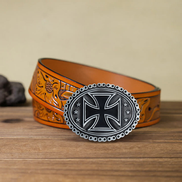 Men's DIY Religion Cross Motorcycle Buckle Leather Belt - Gray - Orange Carved Belt (40) - image 11