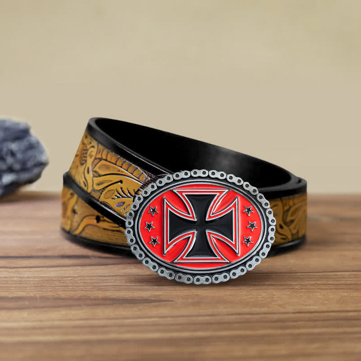 Men's DIY Religion Cross Motorcycle Buckle Leather Belt - Red - SandyBrown Belt (40) - image 20