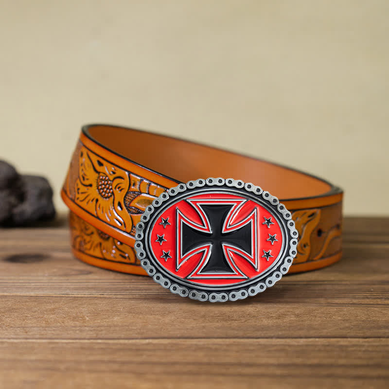 Men's DIY Religion Cross Motorcycle Buckle Leather Belt - Red - Orange Carved Belt (40) - image 21