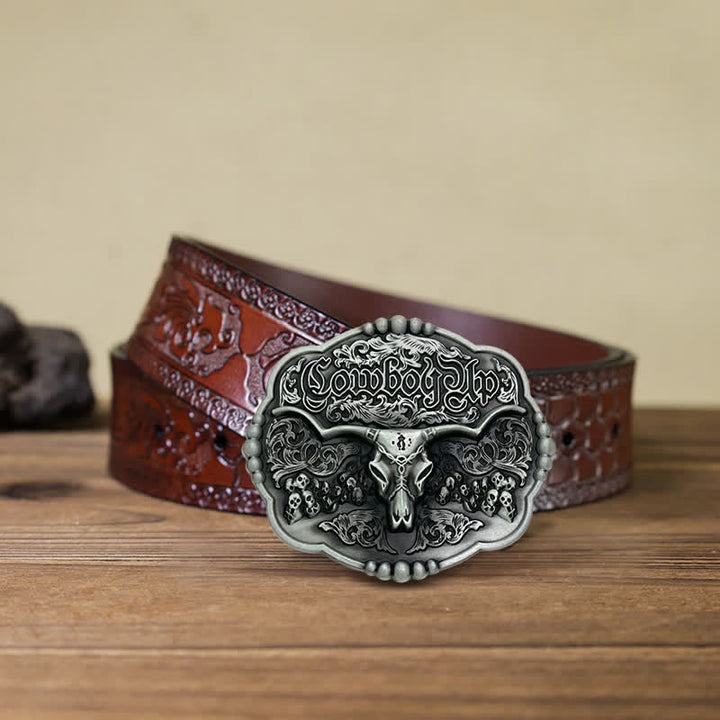 Men's DIY Cowboy Gothic Skull Bull Buckle Leather Belt - Bull - Brown Carved Belt (40) - image 7