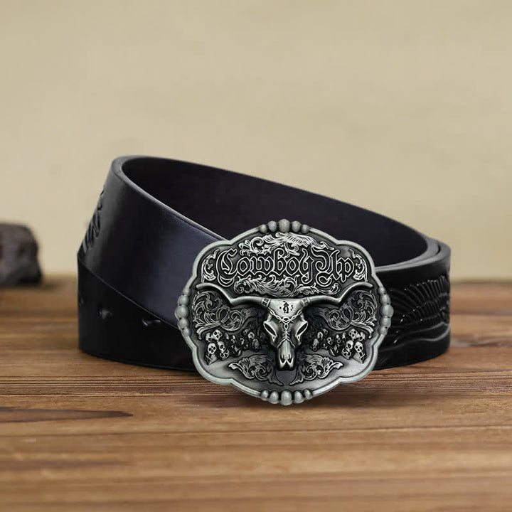 Men's DIY Cowboy Gothic Skull Bull Buckle Leather Belt - Bull - Black Embossed Eagle Belt (38) - image 4
