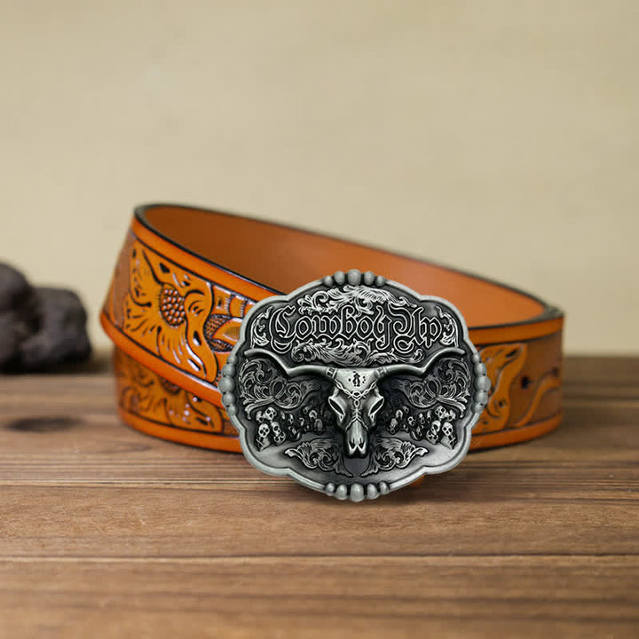 Men's DIY Cowboy Gothic Skull Bull Buckle Leather Belt - Bull - Orange Carved Belt (40) - image 9