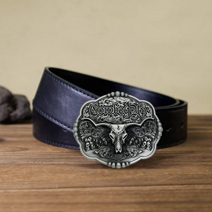 Men's DIY Cowboy Gothic Skull Bull Buckle Leather Belt - Bull - Black PU Belt (40) - image 3