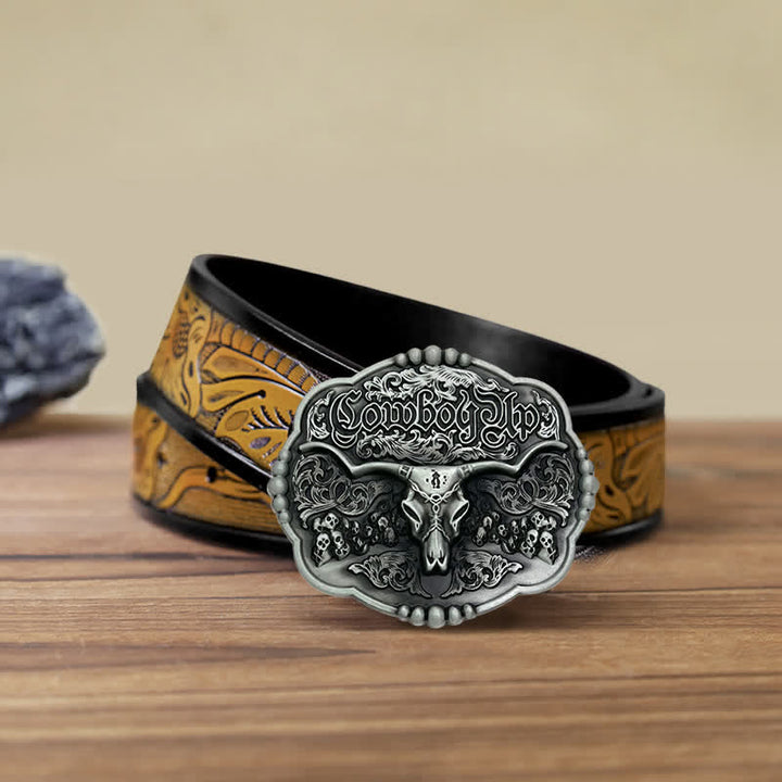 Men's DIY Cowboy Gothic Skull Bull Buckle Leather Belt - Bull - SandyBrown Belt (40) - image 8