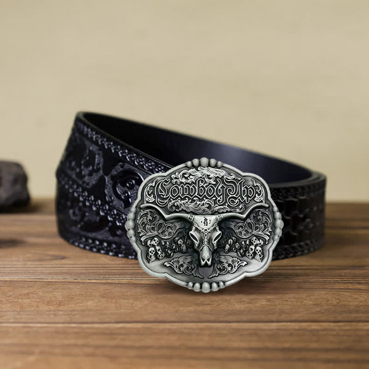 Men's DIY Cowboy Gothic Skull Bull Buckle Leather Belt - Bull - Black Carved Belt (40) - image 6