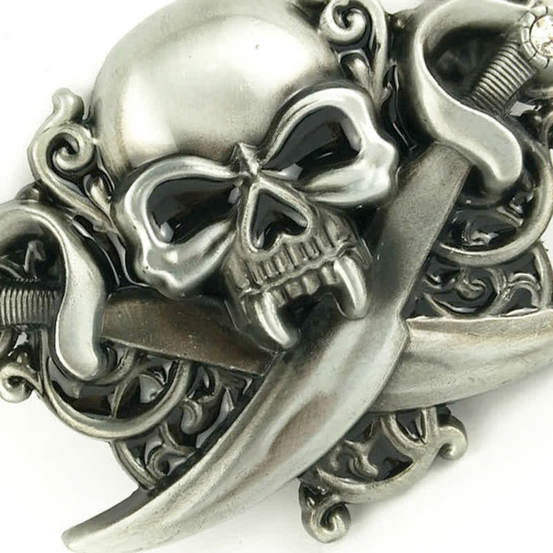 Men's DIY Double Swords Skull Ghost Buckle Leather Belt - image 3