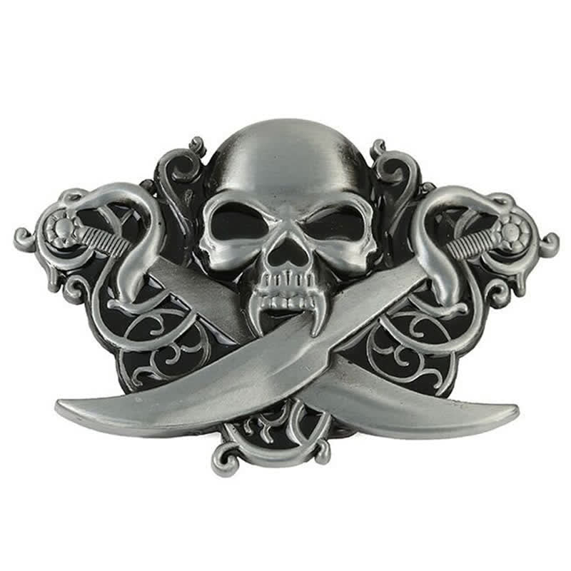 Men's DIY Double Swords Skull Ghost Buckle Leather Belt - image 2