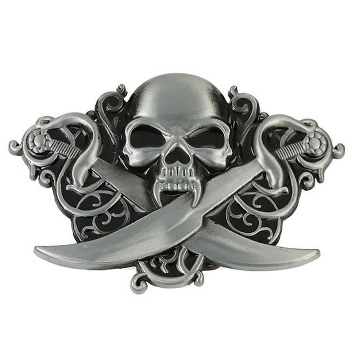 Men's DIY Double Swords Skull Ghost Buckle Leather Belt - image 2
