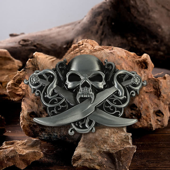 Men's DIY Double Swords Skull Ghost Buckle Leather Belt - Skull - Without Belt - image 0