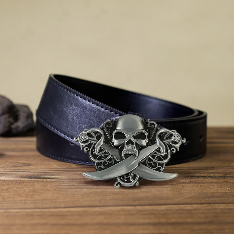 Men's DIY Double Swords Skull Ghost Buckle Leather Belt - Skull - Black PU Belt (40) - image 4