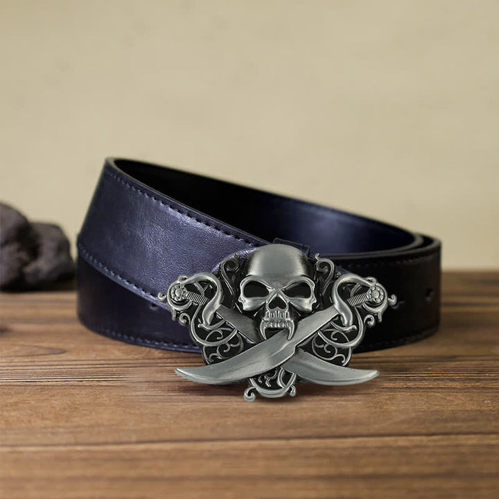 Men's DIY Double Swords Skull Ghost Buckle Leather Belt - Skull - Black PU Belt (40) - image 4